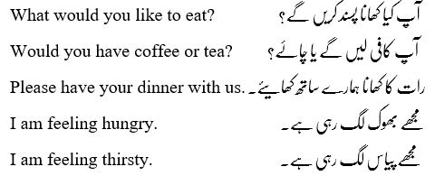 Sentences on eating with Urdu meaning.