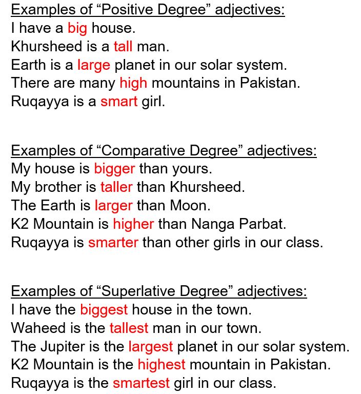Sentences on Degrees of Comparison of Adjesctives in Urdu