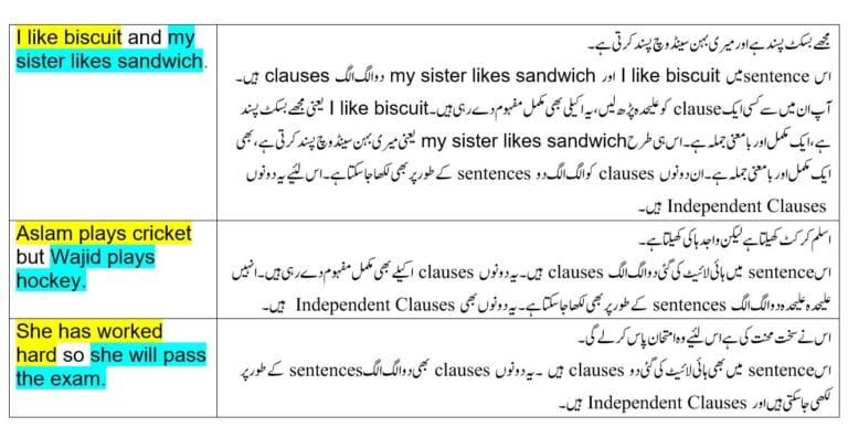 Examples of Independent Clauses in English and Urdu
