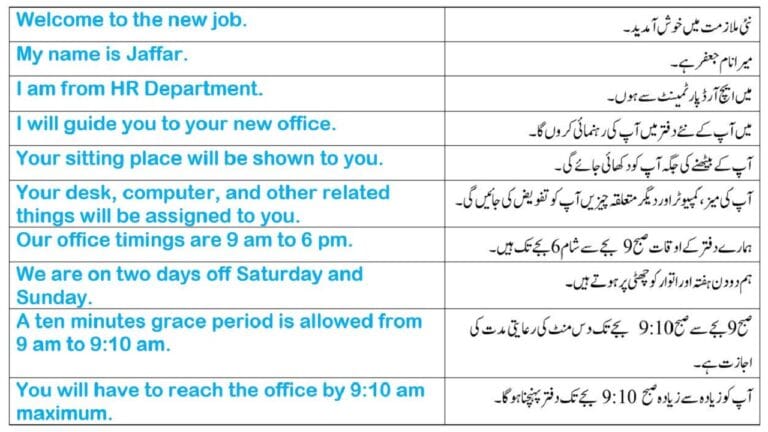 Daily office use English sentences with Urdu meanings
