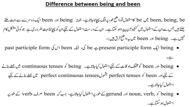 Difference between being and been from be been being in Urdu