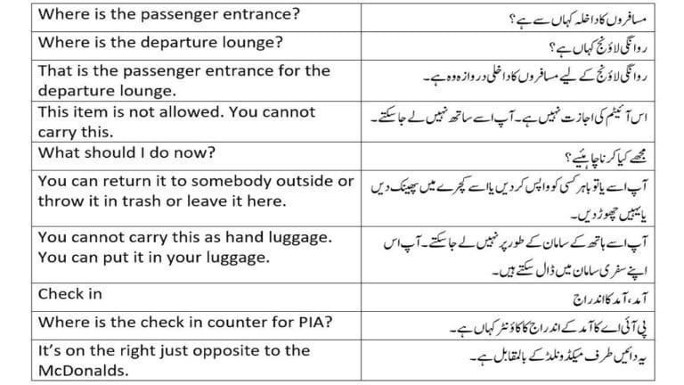 Air traveling sentences with Urdu translation