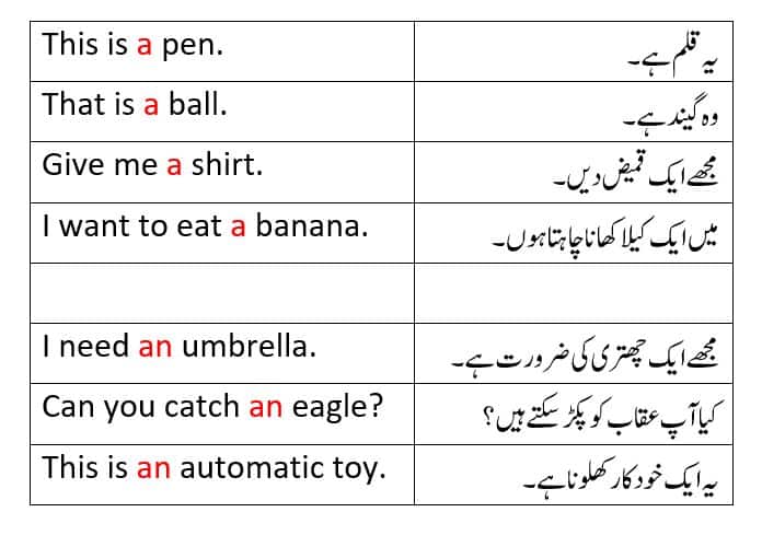 Examples of use of articles a an the in Urdu