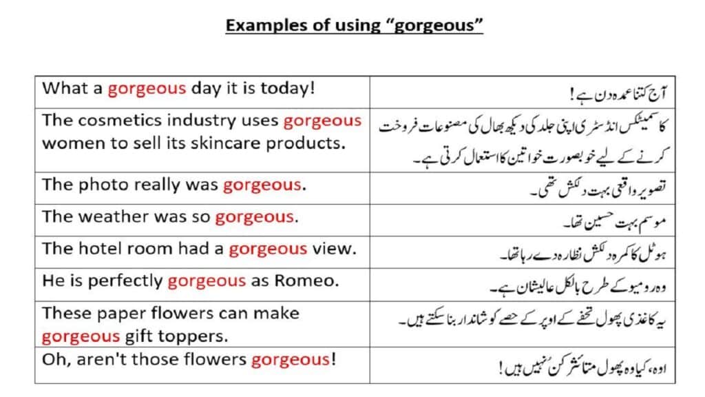 Meaning Of Gorgeous In Urdu And English