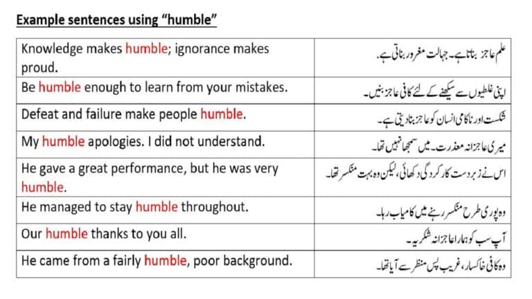 Humble example sentences from humble meaning in Urdu