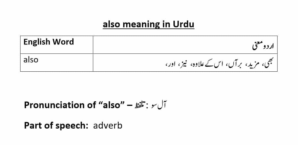  also Meaning In Urdu With Examples Definition And Pronunciation