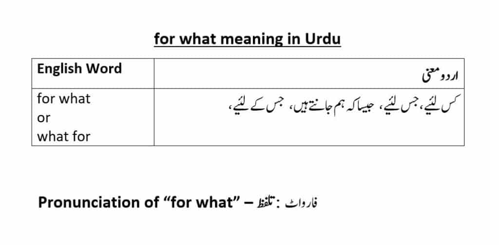 for what meaning in Urdu and its use in example sentences