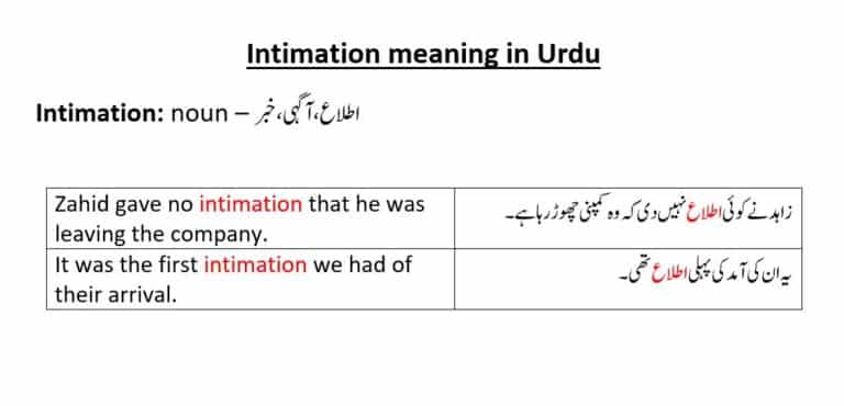 intimation meaning in Urdu