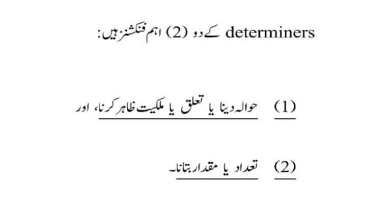 What is determiner explained in Urdu