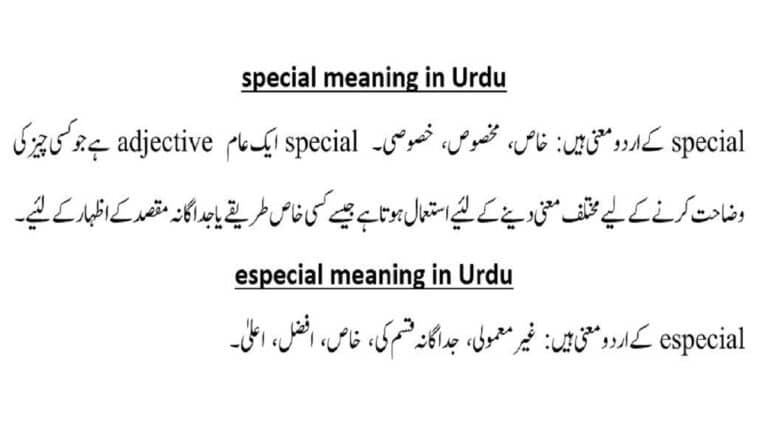 special and especially meaning in Urdu and the difference between specially and especially